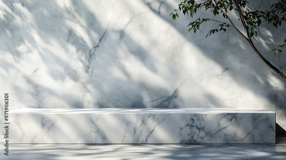 Poster Minimal White Marble Table Corner with Tree Shadow on Concrete Wall Background Suitable for Product Presentation Backdrop Display and Mock up : Generative AI