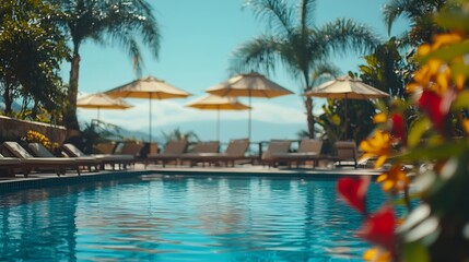 Fototapeta premium Swimming pool exotic plants umbrellas and sunbeds at luxury resort : Generative AI
