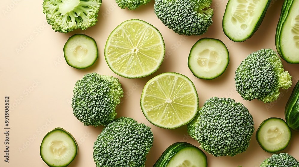 Aufkleber creative layout made of broccoli cucumber and lime on the beige background food concept macro concep