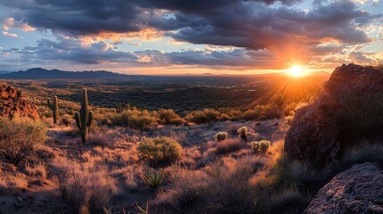 Panorama of The McDowell Sonoran Preserve overlooking Scottsdale AZ during beautiful sunset : Generative AI