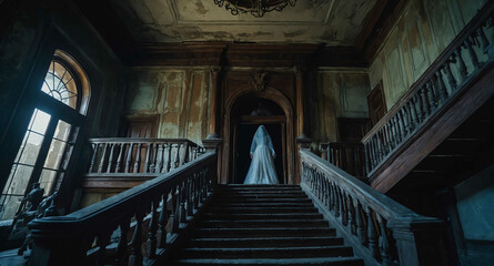 Ghostly figure on staircase of old mansion background