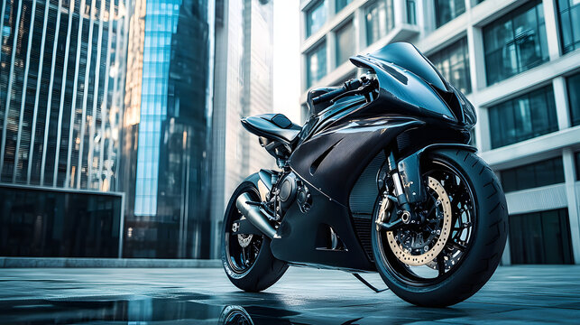 A sport motorcycle with carbon fiber fairings parked in front of a high-tech skyscraper with reflections bouncing off its polished surface. AI generated
