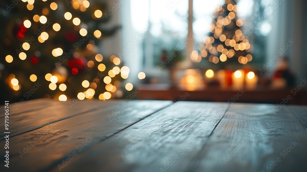 Poster corner of table with empty space for your product blurred home interior and christmas time copy spac