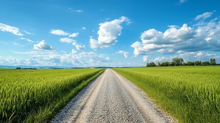 Country gravel road and green wheat fields with sky clouds natural landscape under blue sky : Generative AI