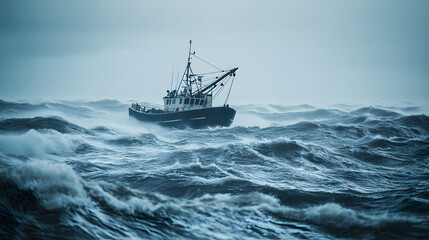 Obraz premium A traditional fishing boat navigating through choppy waters in a stormy sea. AI generated