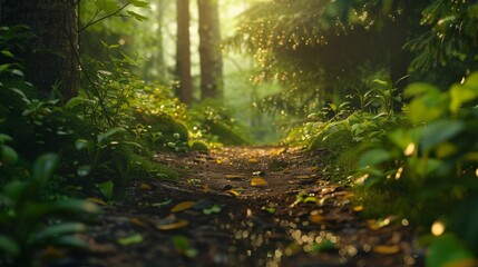 Obraz premium Path through a forest at sunset generative ai