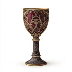 A glowing enchanted chalice, magical object, intricate design, gold and ruby, isolated on white background