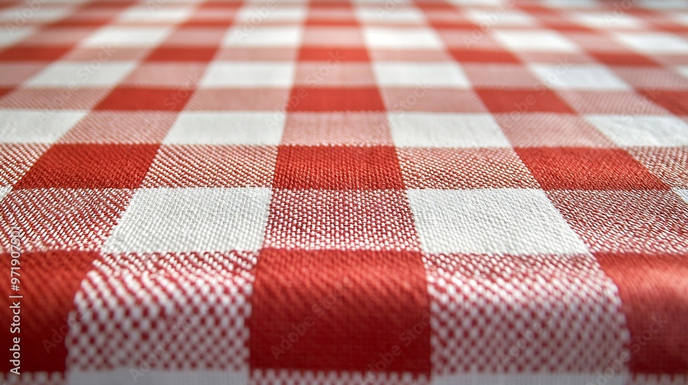Poster red checkered gingham tablecloth closeup plaid fabric pattern texture and textile background corner 
