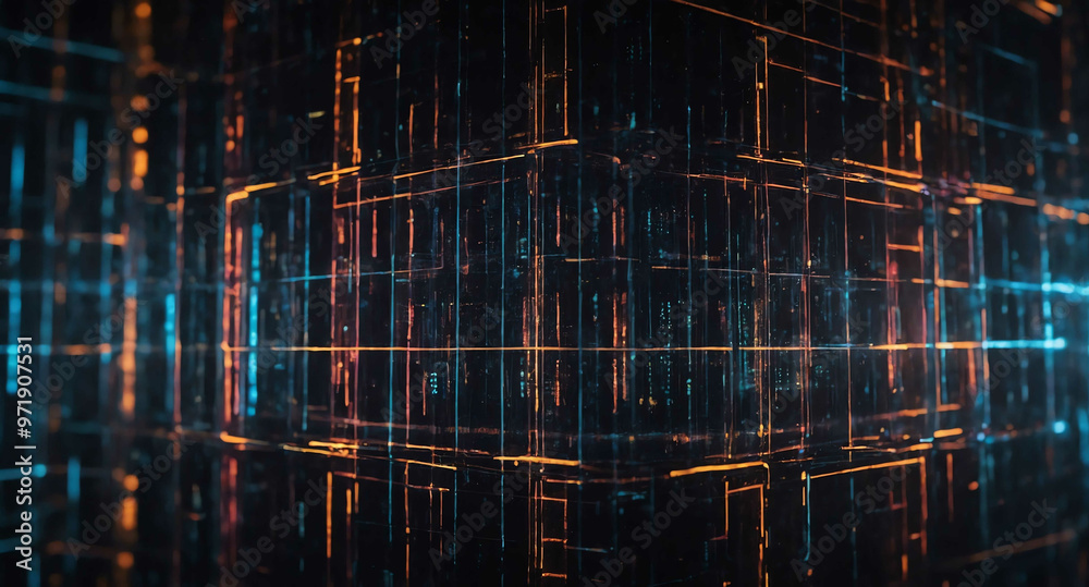 Poster glowing data nodes with grid abstract background