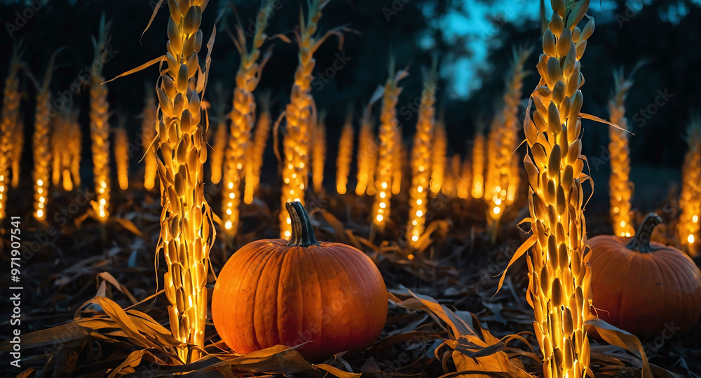 Poster Glowing corn stalks with pumpkins abstract background