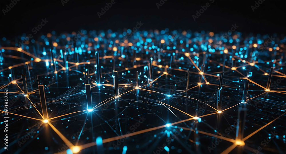 Poster Glowing data nodes with light connections abstract background