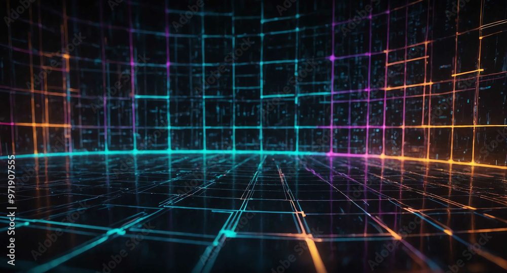 Poster glowing data nodes with grid abstract background