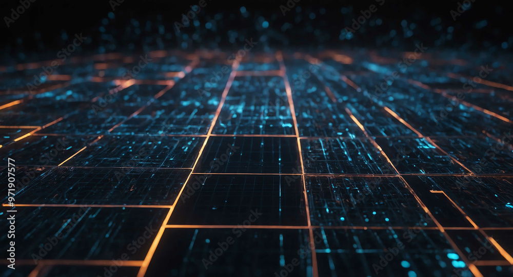 Poster glowing data nodes with grid abstract background