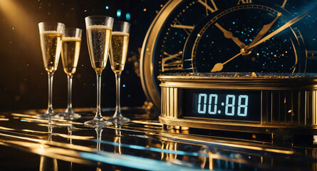 Glowing countdown clock and champagne abstract background