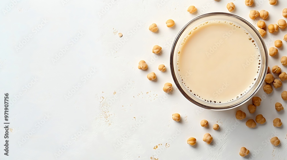 Poster Glass of chick pea milk and hickpea isolated on white background Top view flat lay : Generative AI