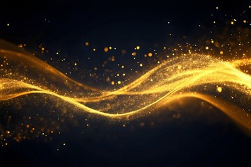 Abstract gold particles and glittering waves are flowing on black background for luxury and elegant design