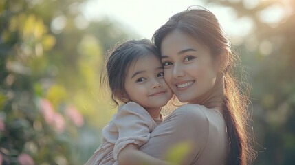 Fototapeta premium Piggy back outdoor and mother with girl portrait and bonding together with smile happiness and nature Face single parent and mama carry daughter with fun in garden sunshine or vacation : Generative AI