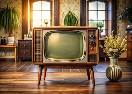 Retro-style flat screen TV with rounded edges, thick bezel, and bulky design, sitting on a wooden table with a blurred background of a vintage living room.