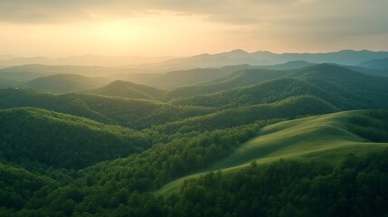 Naklejka premium Aerial shot of the majestic hilly Bihar mountains beautiful green forests cozy landscapes at sunset in Transylvania : Generative AI