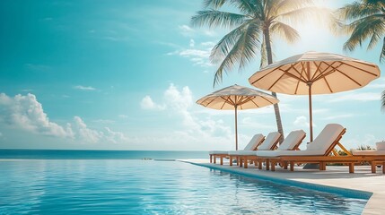 Obraz premium Relax tourism landscape Luxurious beach resort with swimming pool and beach chairs or loungers leisure lifestyle under umbrellas palm trees blue sky Summer travel and vacation backgrou : Generative AI