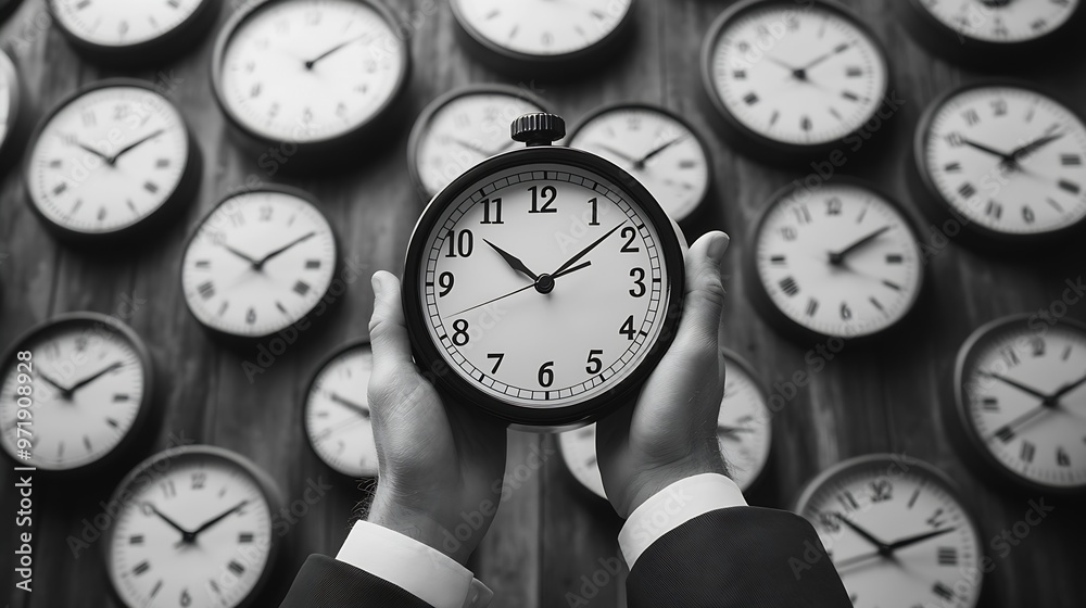 Poster collage picture of hand black white color holds the lamp and clock future trends the pointing of arr