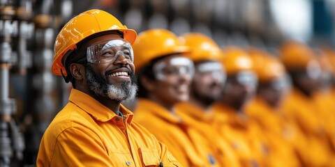 A group of workers in safety gear smiling, showcasing teamwork in an industrial setting.