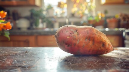 A red skinned potato resting on a marble countertop with kitchen items in the background.