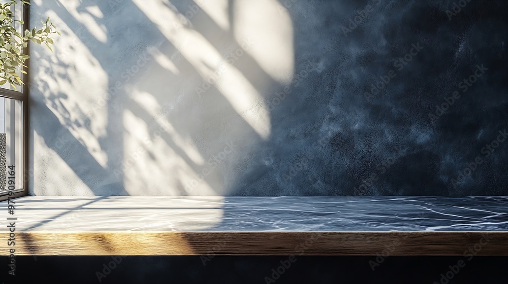 Fototapete Marble table with wooden top table corner with light beam from window on wall background Suitable for Product Presentation Backdrop Display and Mock up : Generative AI