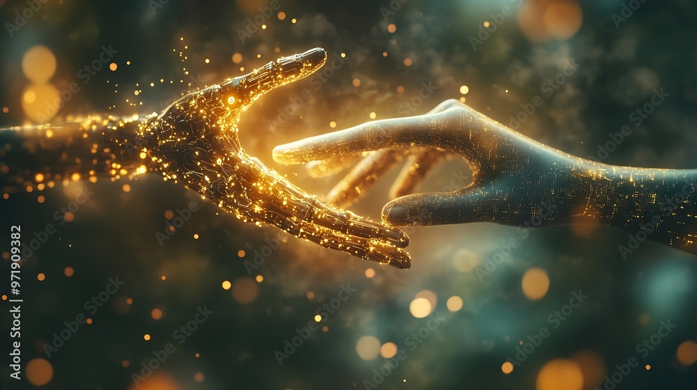 Leinwandbilder AI machine learning robot hands and human touch on big data networks creative brain data in light bulbs artificial intelligence science and technology and future innovations that help  : Generative AI