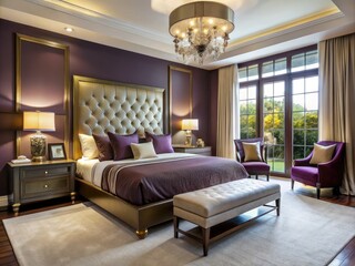 Fototapeta premium Rich plum accent wall sets tone for serene retreat in elegantly furnished bedroom with plush bed, mirrored dresser, and subtle golden lighting accents.