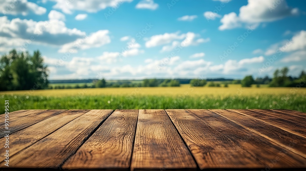 Aufkleber The empty wooden brown table top with blur background of farmland and blue sky Exuberant image : Generative AI