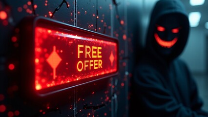 A hooded figure with a glowing mask stands near a red "Free Offer" sign, representing the dangers of online scams or malware