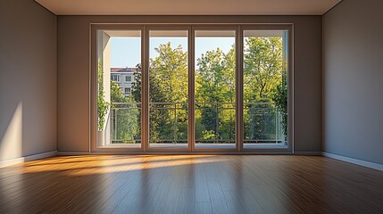 Obraz premium an empty room with wood floor and sliding glass doors looking out onto the balcony area in front of the house : Generative AI
