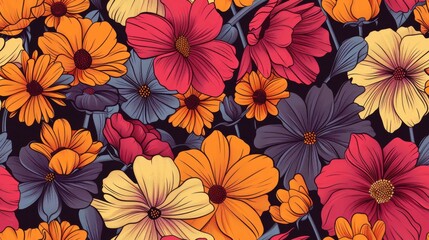 Seamless floral pattern with colorful flowers on black background. Vector illustration.