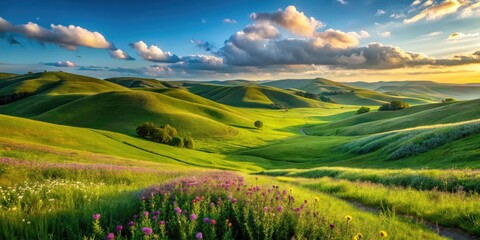 Obraz premium Rolling green hills with gently sloping curves, scattered with wildflowers, stretch towards a serene blue horizon under a warm sunny sky.