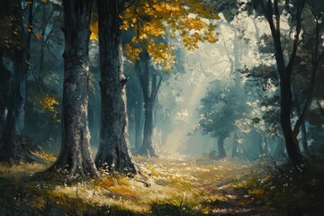 Fototapeta premium A Misty Forest Path with Golden Leaves and Sunlight