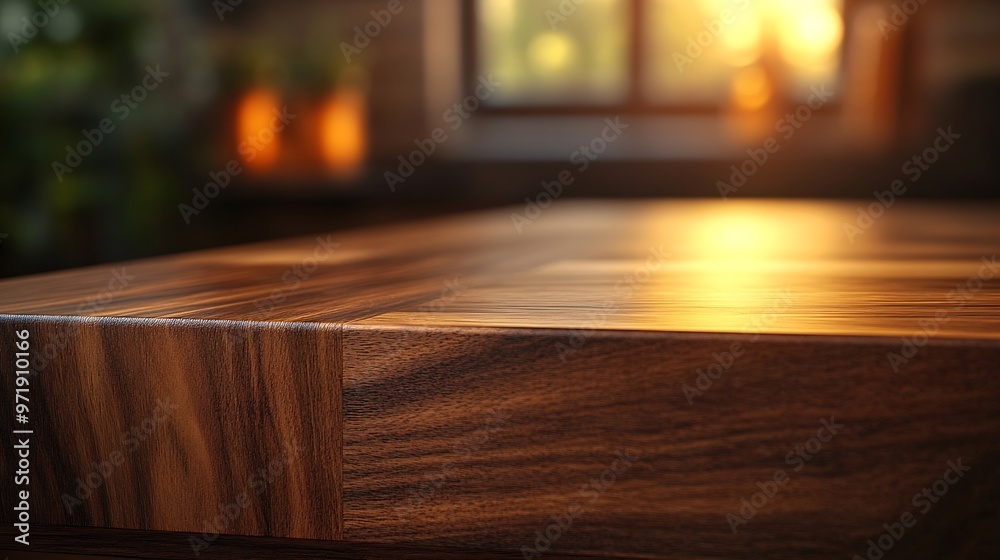 Poster dark brown walnut wooden table corner at foreground used as product displayed isolated on background with clipping path perspective view of wood table showing edge of table : Generative AI
