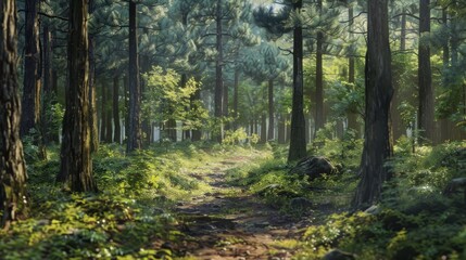 Obraz premium Path through a forest at sunset generative ai