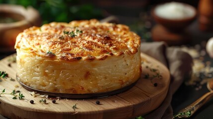 A beautifully baked rice casserole, ready to be served and enjoyed.