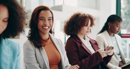 Business woman, face and waiting room for recruitment, human resources and job interview line. People, happy and diversity in office for hiring, project management or corporate development with tech