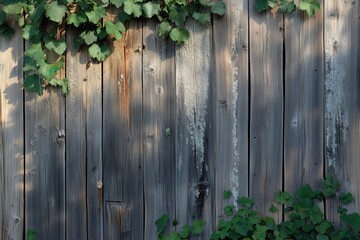 Weathered Wooden Fence with Ivy Growing Up and Down