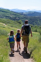 Obraz premium Diverse family hiking scenic park, exploring nature, enjoying outdoors. AI generated