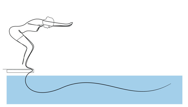 recommend clip art: line art drawing of swimming competition athletes.One line of swimmers preparing to slide into the swimming pool. vector illustration