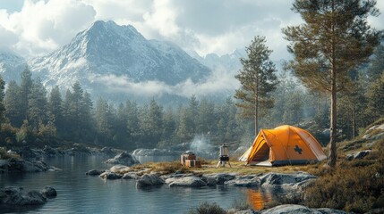 A serene camping scene by a lake with mountains in the background.