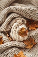 Obraz premium Cozy autumnal vibes with warm colors and knitted hat on soft blanket