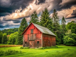 Obraz premium Rustic wooden barn with faded red paint and worn wooden doors standing alone in a lush green meadow surrounded by tall trees under a cloudy sky.