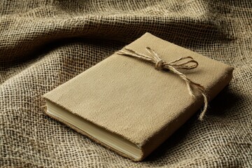 A Rustic Book Tied with Twine on Burlap Fabric
