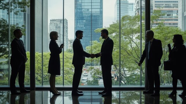A diverse group of business leaders shake hands in a sleek office lobby, with a vibrant cityscape visible through large windows