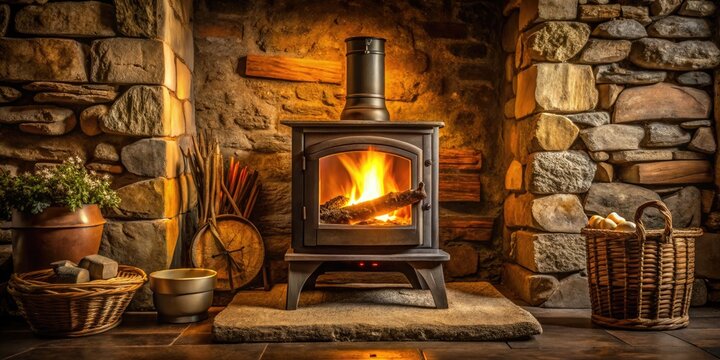 Rustic, worn, metal log burner stove sits on a stone hearth, surrounded by crackling flames, casting a warm glow in a cozy, dimly lit room.