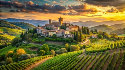 Scenic countryside landscape of rolling hills, lush green vineyards, and ancient stone buildings in the picturesque Tuscan town of Firenzuola, Italy at sunset.